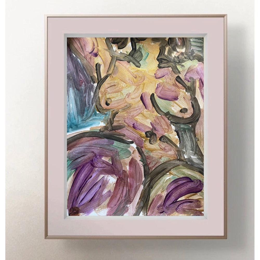 Abstract Female Nude Figure Painting Purple Gold Green 8.5x11 Original Art